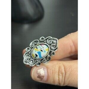 Faux Gemstone On Ornate Silver Tone Engraved Ring US-8 Gothic Boho Oval